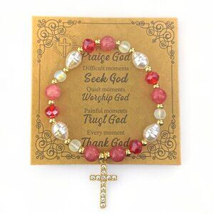 NEW- CROSS PENDANT BEADED BRACELET ADJUSTABLE STRETCH - RED